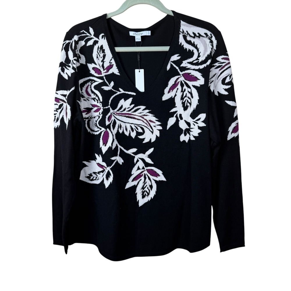 Chicos V-Neck Sweater Women's Large NWT Black Floral Pullover Fall